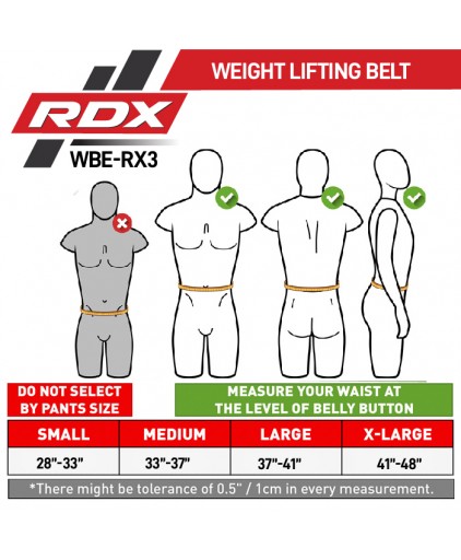RDX X3 Weightlifting Neoprene Gym Belt in Red size chart-422x512